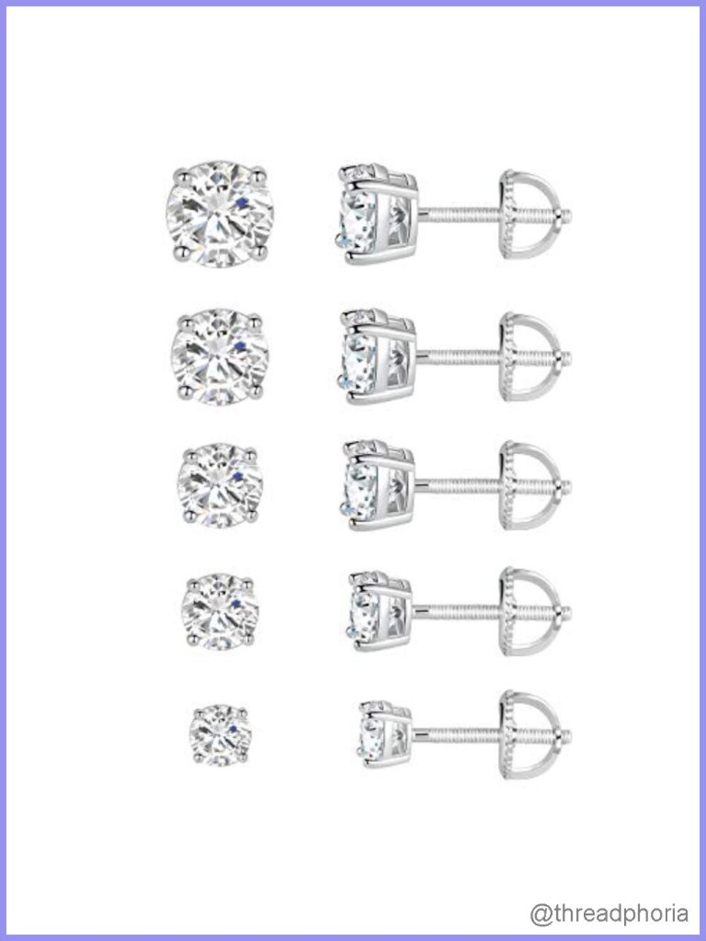 18K Gold Plated Screw Back Stud Earrings Set 5 Pairs Cubic Zirconia